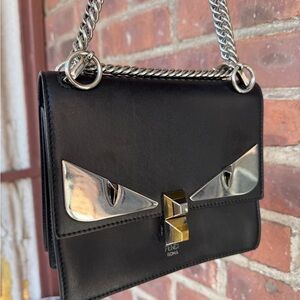 Fendi Black Leather Chain Shoulder Bag with Silver-Tone Eye Details